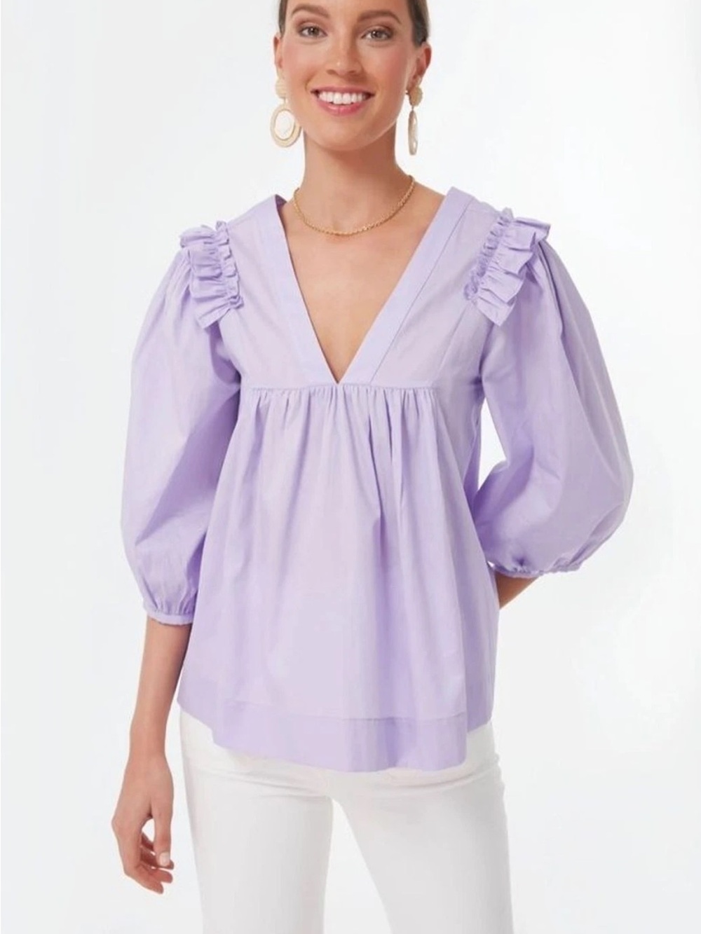 NWT Harshman Cheryl Blouse Lilac Cotton Ruffle Shoulder V-Neck Back Top Size S